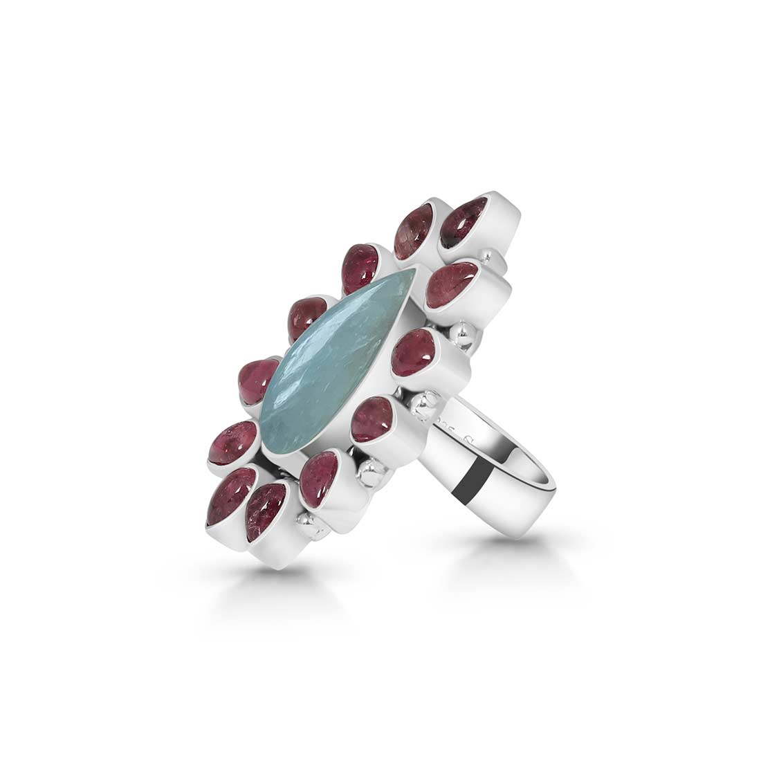 Aquamarine And Pink Tourmaline Flower Adjustable Ring-(AQM-FLR-1.)